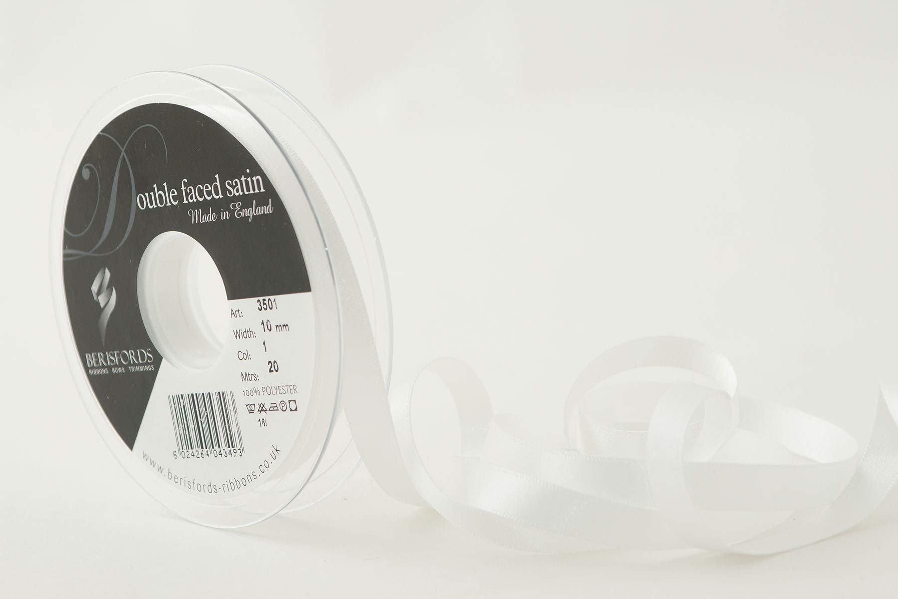 Berisfords Double FACE Poly Satin, Polyester, White, 10.4 x 10.4 x 1.3 cm