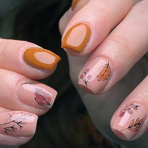 Miniatura 9 de Uñas postizas a presión de otoño, cuadradas medianas, uñas postizas MABKJLF de cobertura completa, color rojo vino, con diseños, lámina dorada,