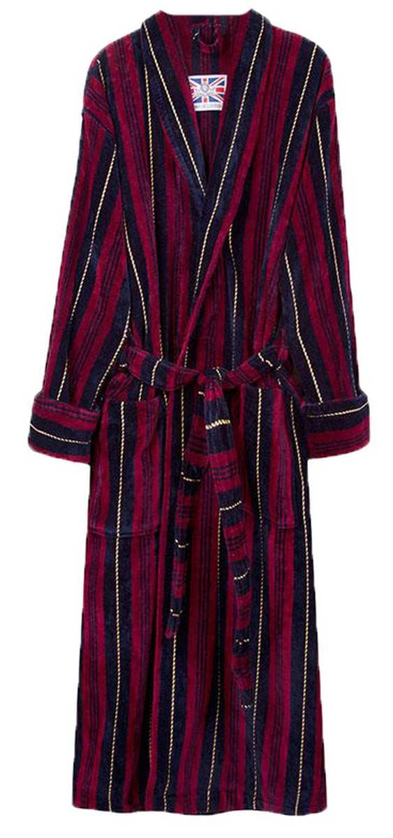 Bown Of London Men's Burgundy Marchand Egyptian Cotton Velour Dressing Gown - Wine/Navy/Gold - Large