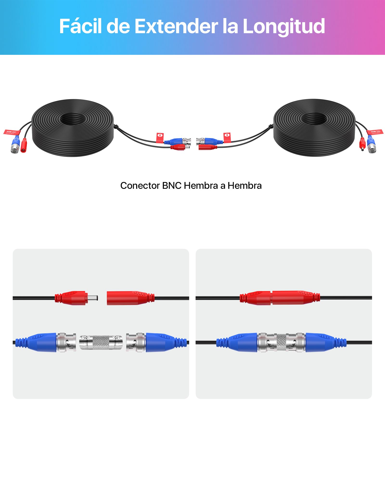 ZOSI Cable de Video y Alimentación 30 M /100 Pies BNC Extensión para CCTV Kit Cámaras Vigilancia Seguridad DVR de 960H/720P/960P/1080P (4 Pack Negro)