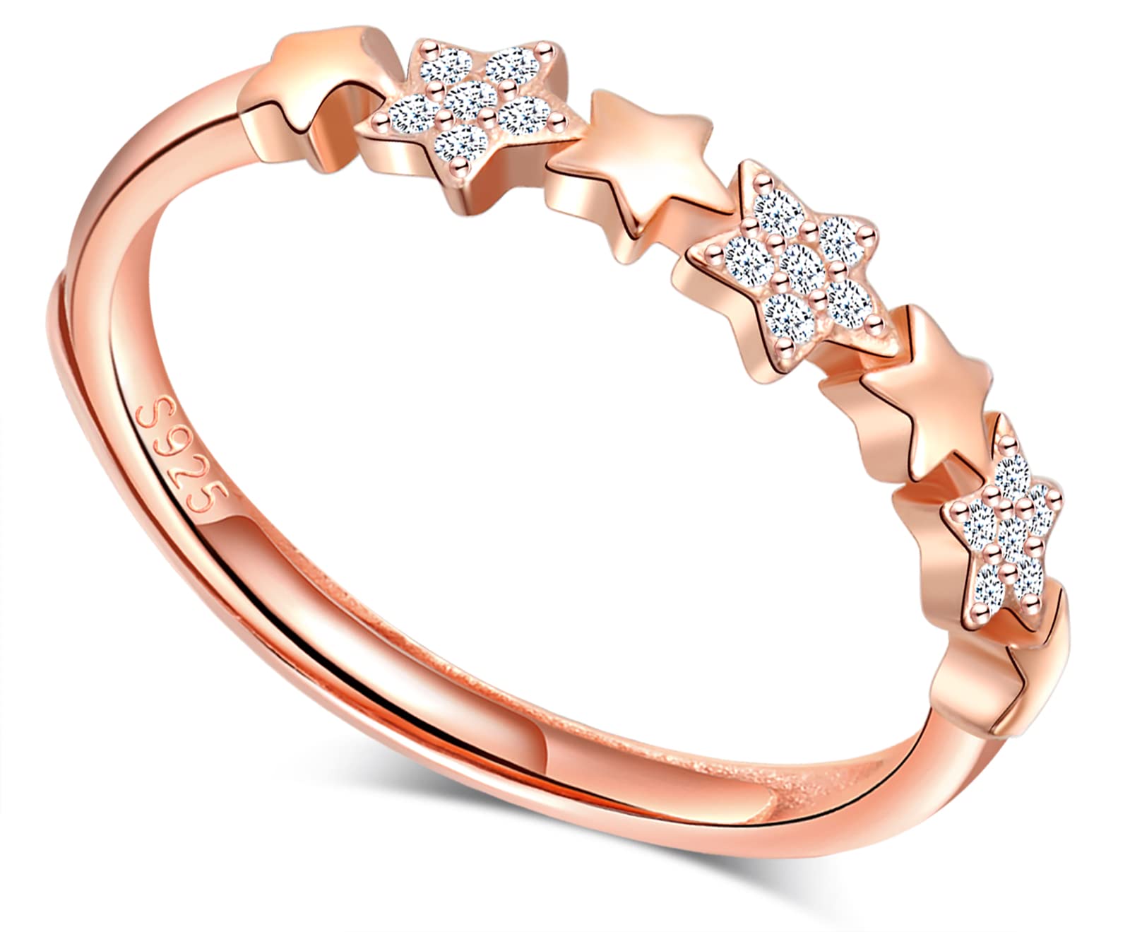 MICGIGIAnillo de plata de ley 925 para mujer, una fila de estrellas, oro rosa, anillo ajustable con circonitas, Plata