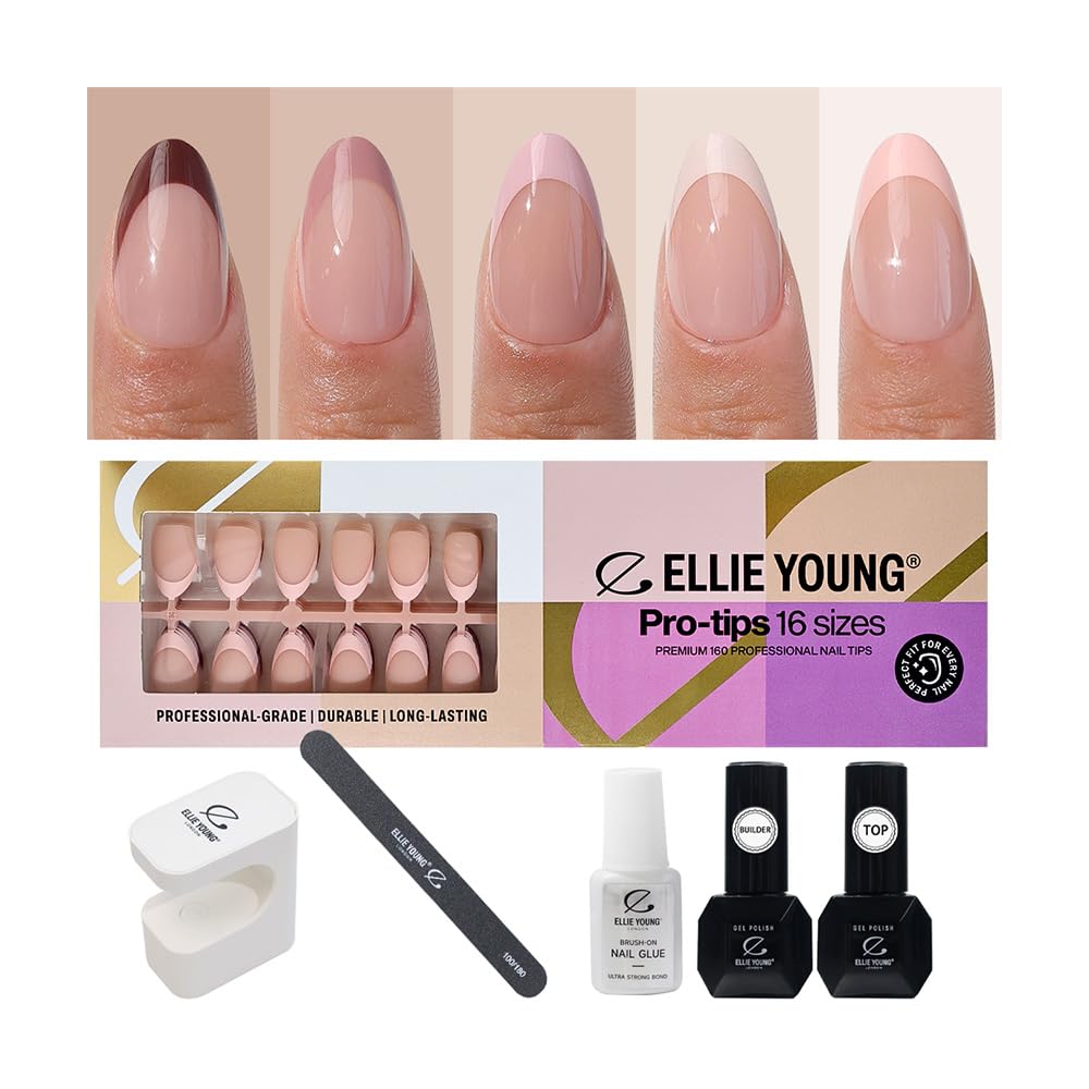 PRO-TIPS - 150 unghie finte a pressione, in gel acrilico, per un facile fai da te, 15 misure, colore: neutro e nudo (set di mandorle corte)