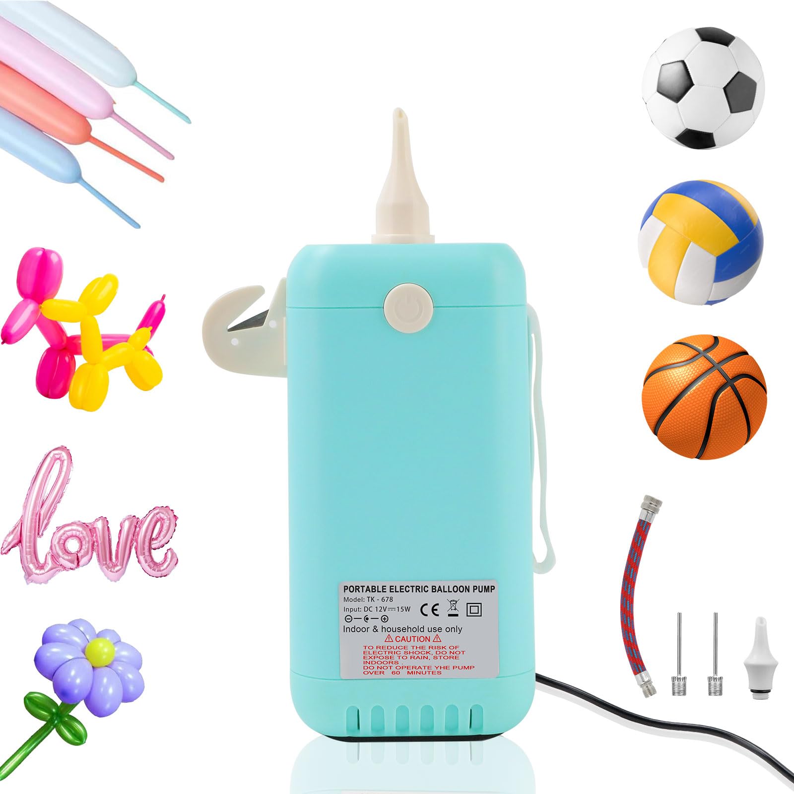 PlusFive Pompa elettrica per palloncini da modellare, pompa per palloncini portatile, con pompa a palloncino, per palloncini lunghi 260 Q (blu)