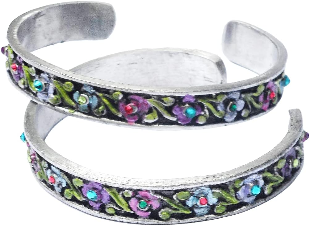 Single Vintage Style Antique Silver Plated Cuff Bracelet with Hand Painted Flowers Sparkling Rhinestones Romantic Retro Boho Jewelry for Women