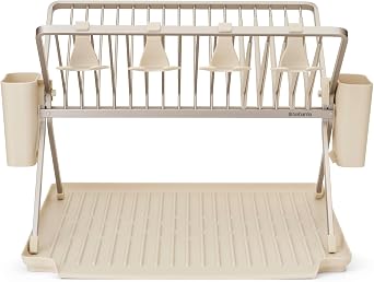 Brabantia SinkSide Large Foldable Dish Drying Rack (Soft Beige), Sleek Organiser with Removable Cutlery Basket, Versatile Sink Drainer for Dishes and Kitchen Accessories