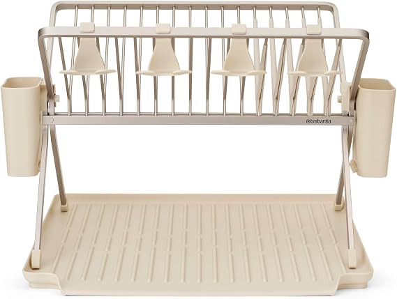 Brabantia SinkSide Large Foldable Dish Drying Rack (Soft Beige), Sleek Organiser with Removable Cutlery Basket, Versatile Sink Drainer for Dishes and Kitchen Accessories