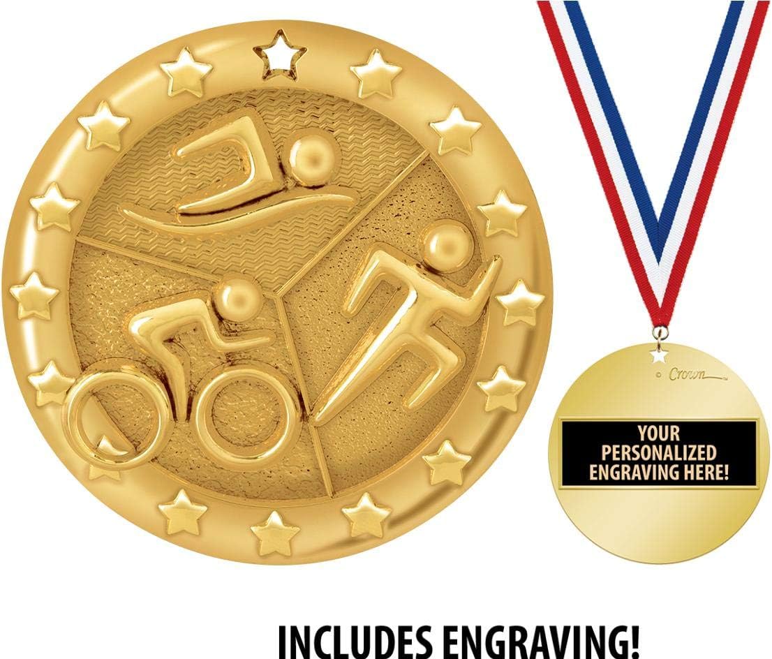 Crown Awards Triathlon Medal, 2" Shiny Gold Triathlon Medals for Kids with Free Custom Engraving Prime