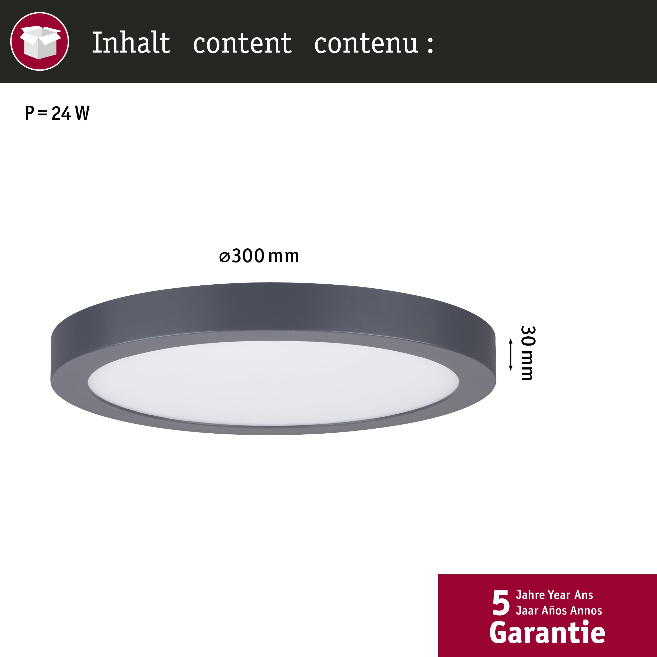 Paulmann 70988 LED Panel Abia 300mm Warmweiß rund incl. 1x22 Watt Dunkelgrau matt Deckenlampe Kunststoff 2700 K