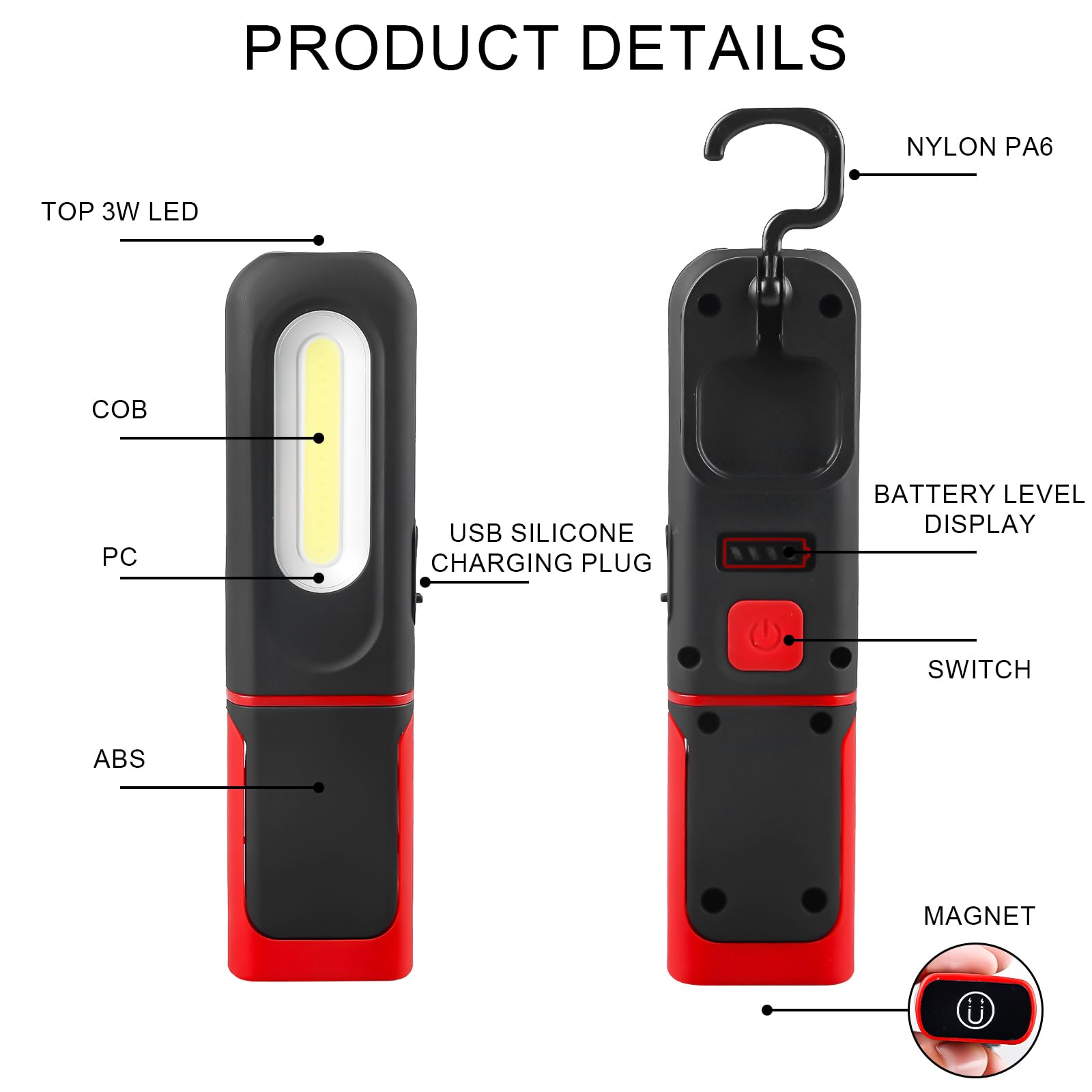 2 lampade da lavoro a LED, batteria da 1200 mAh, COB da officina con gancio e base magnetica, 3 modalità di luce da 5 W, torcia LED ricaricabile, torcia da officina con funzione girevole a 360°, per
