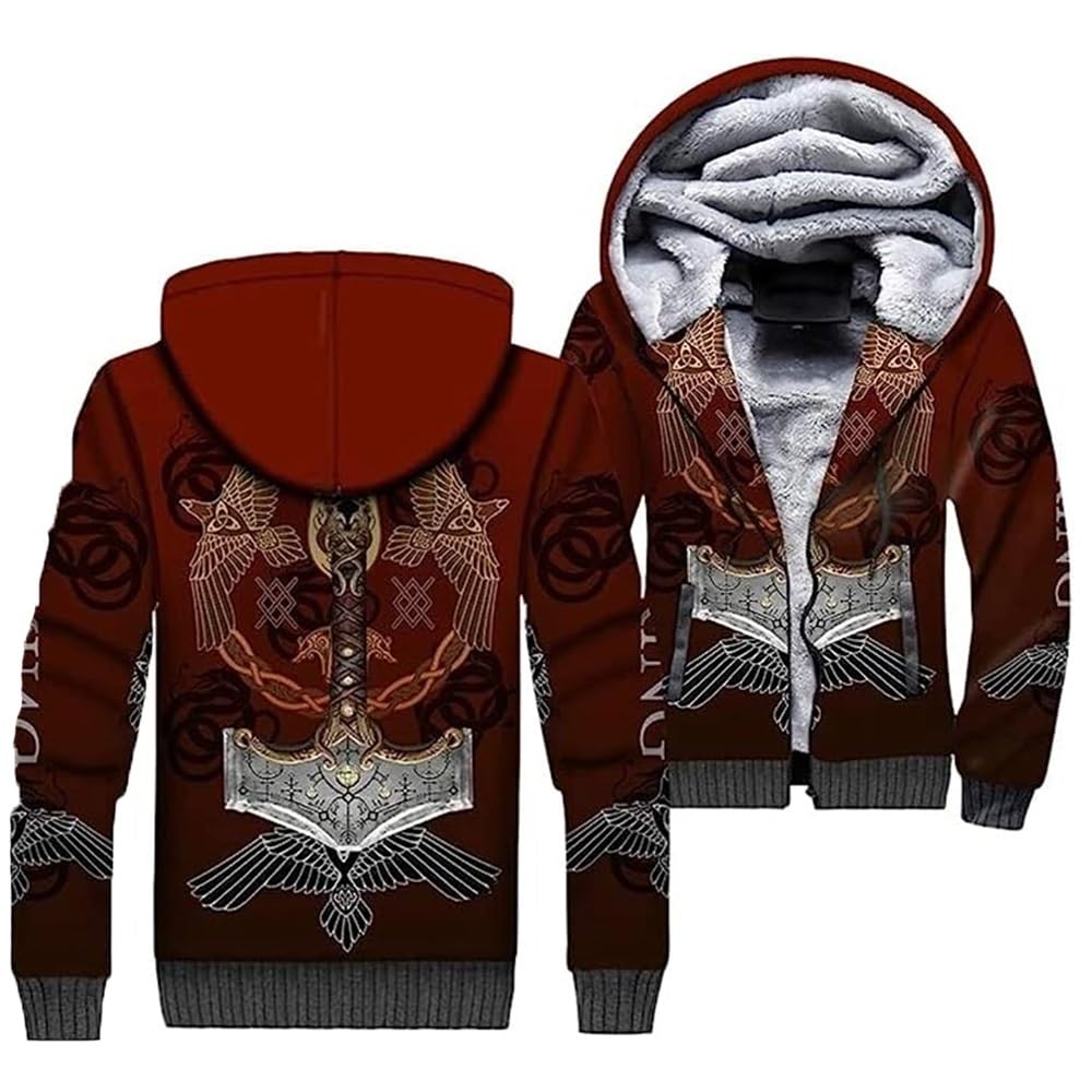 Viking Fleece Hoodies Thick Zip Up Sweatshirt Outdoor Athletic Hoodies For Men Vintage Hoodies Warm Winter Tops(Blue,XXL)