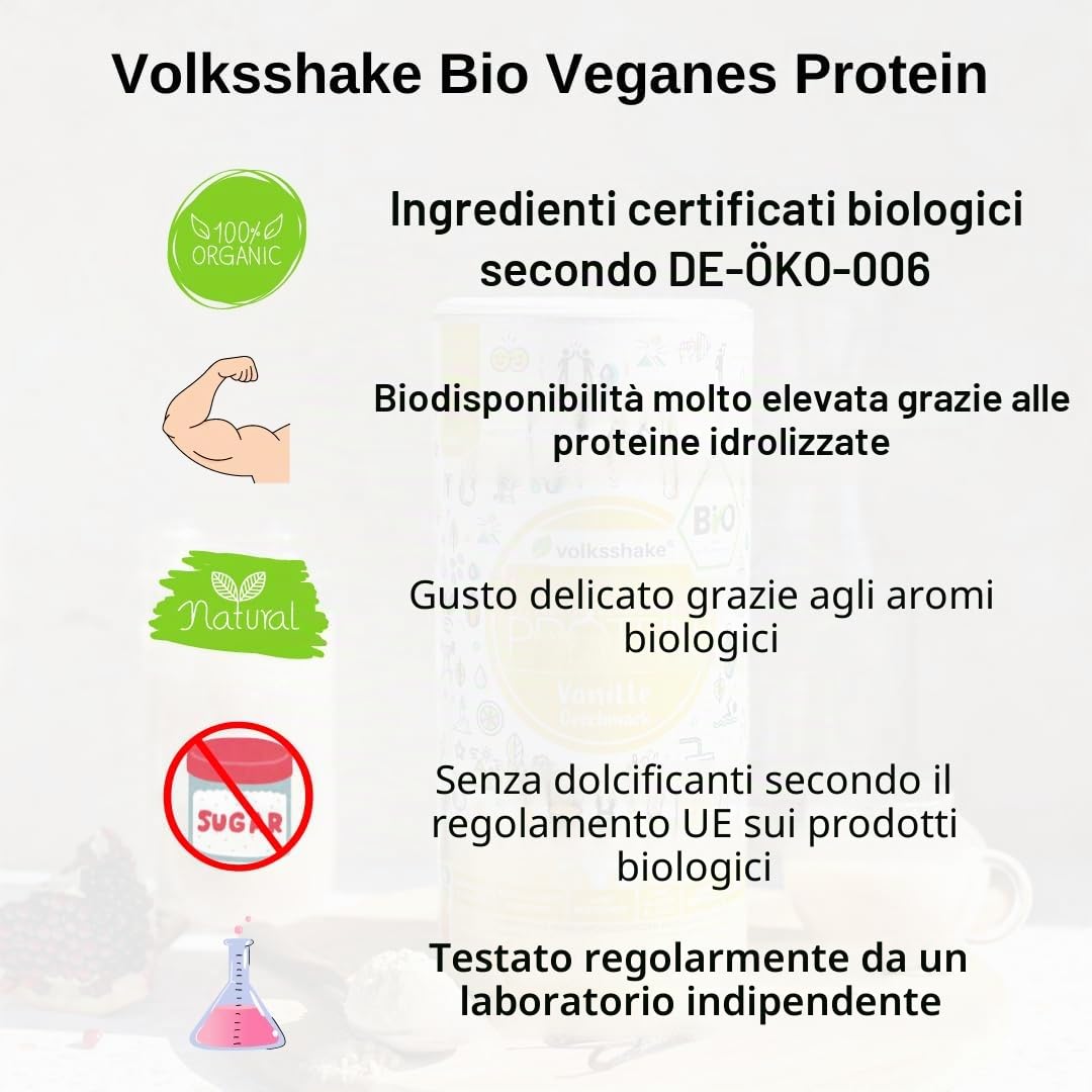 Volksshake VEGANES PROTEIN - Proteine di mandorla, riso, canapa, chia, girasole e zucca, 1 kg, senza glutine, prodotte in Germania