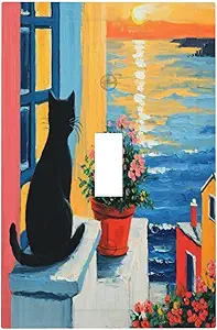 Decorative Switch Covers Plate Vintage Oil Painting Style Black Cat Sea Flowers 1 Gang Wall Plate Oversized Single Toggle Wall Cover Plate Jumbo Electrical Light Switch Plate Faceplate
