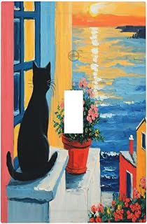 Decorative Switch Covers Plate Vintage Oil Painting Style Black Cat Sea Flowers 1 Gang Wall Plate Oversized Single Toggle Wall Cover Plate Jumbo Electrical Light Switch Plate Faceplate