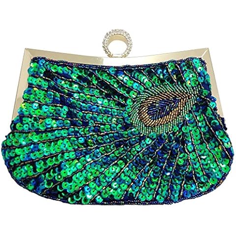 Baglamor Women Full Shining Sequins Beaded Rhinestone Peacock Embroidery Clutch Purse Handbag Evening Bag (Blue) Cover