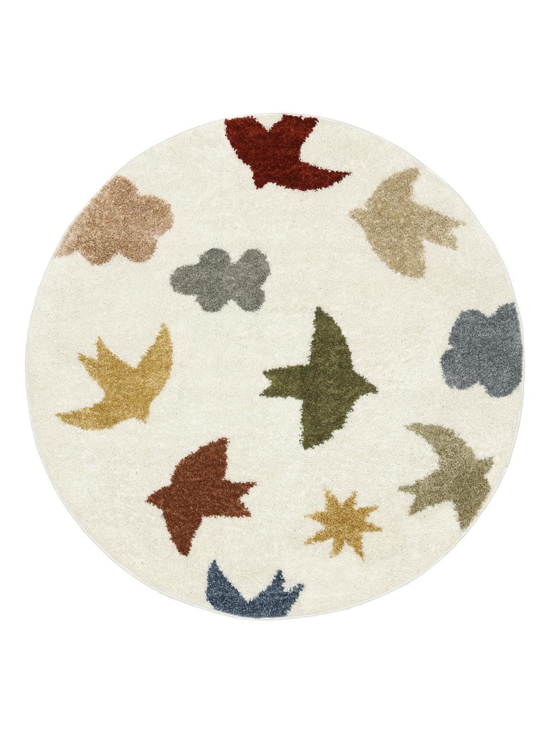 RugVista Birdie Tapis pour Enfants, Ø 150 cm, Off Blanc/Multi