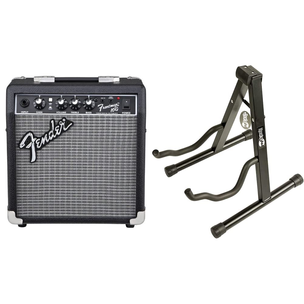 Fender Frontman 10G Verstärker für Gitarre, 230 V EUR & Rockjam Universal Tragbarer A-Frame-Gitarrenständer für Akustikgitarre, E-Gitarre & Bassgitarre