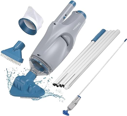 KOKIDO (2025 upgrade) Rechargeable Handheld Pool Vacuum, Aluminum Pole and 2 Brush Heads, 10GPM power ideal for pools up to 20ft, Cordless 60 mins Spot Cleaning, Above Ground Pool, Hot Tub & Spa XV110