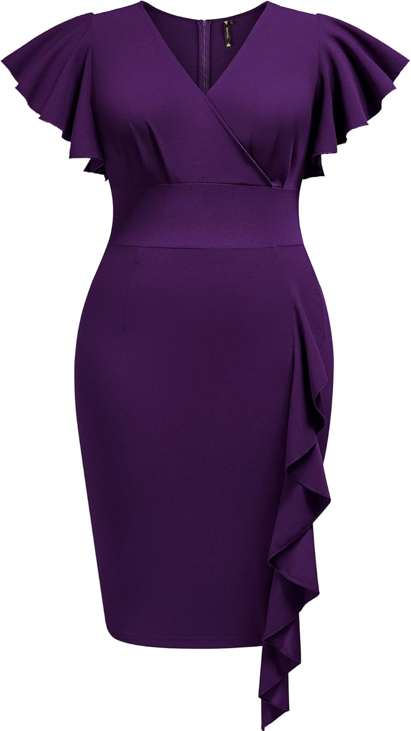 Miusol Women's Plus Size Vintage V Neck Ruffles Sleeve Business Cocktail Party Pencil Dress