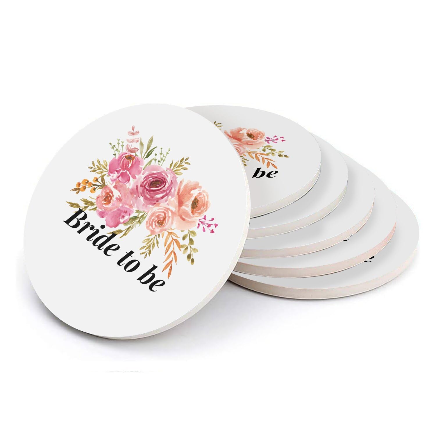 Sous verre ronds en céramique premium bouquet aquarelle | Lot de 6 sous-verres mariage de luxe