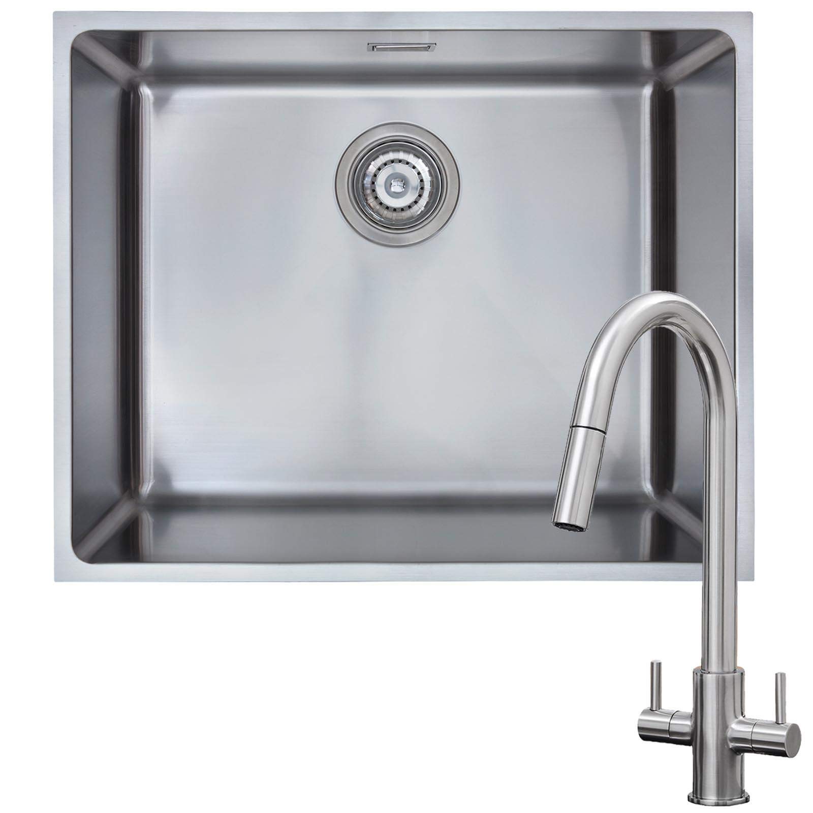 SIA OL10SS 1.0 Bowl Undermount/Inset Premium 1.0mm Brushed Stainless Steel Kitchen Sink with Strainer Waste Kit W570 x D430 & KT4BN Pull-Out Tap