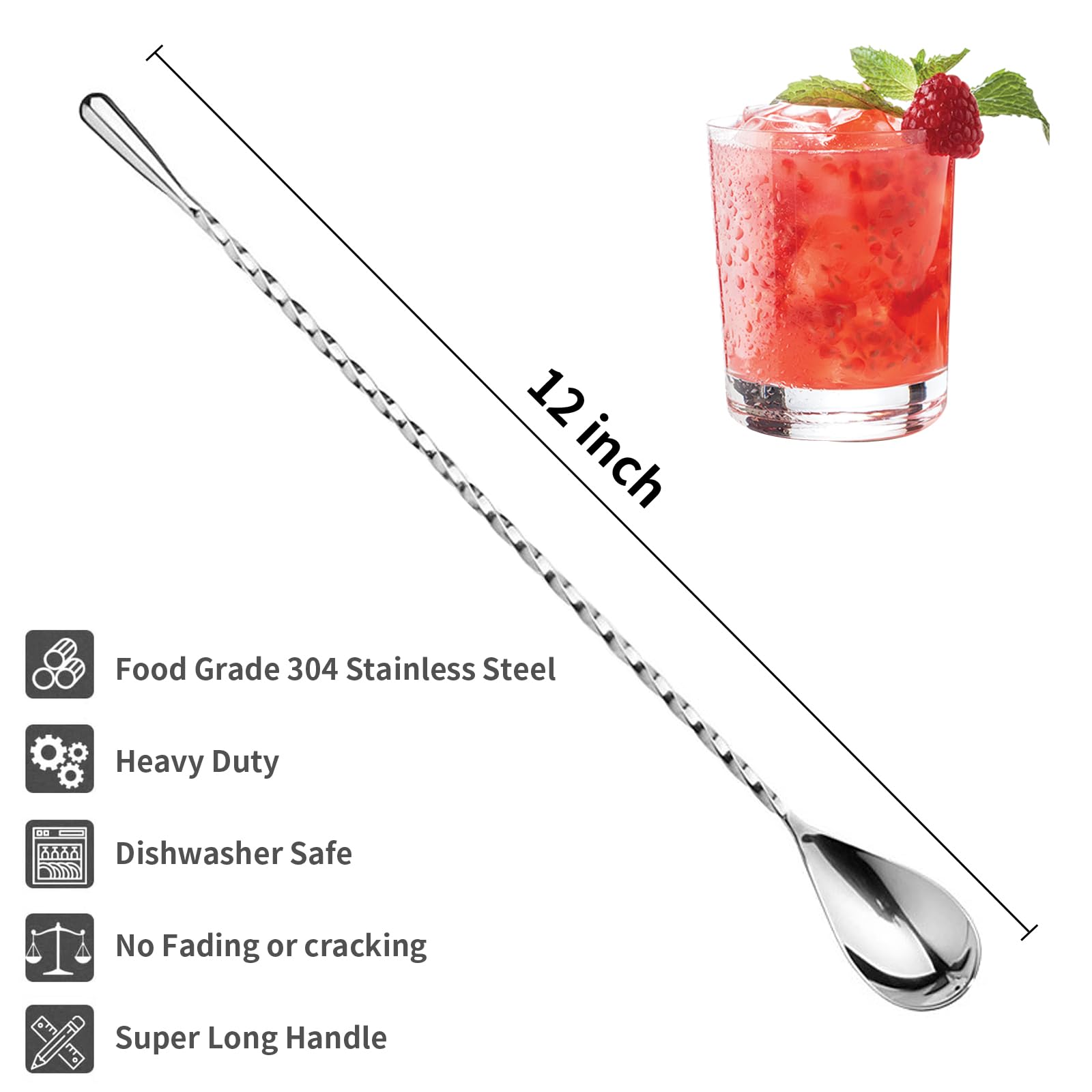 2 Pcs 12 Inches Bar Spoon, Long Handle Mixing Stirrers for Drink, Stainless Steel Bar Cocktail Shaker Spoon (Silver)