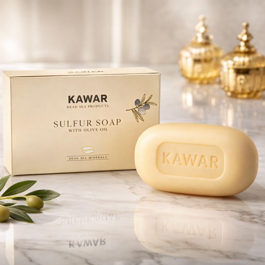 KAWAR Jabón de azufre del Mar Muerto con aceite de oliva, alivia afecciones de la piel como acné, psoriasis, eczema y puntos negros, para pieles grasas a normales, jabón vegano para hombre
