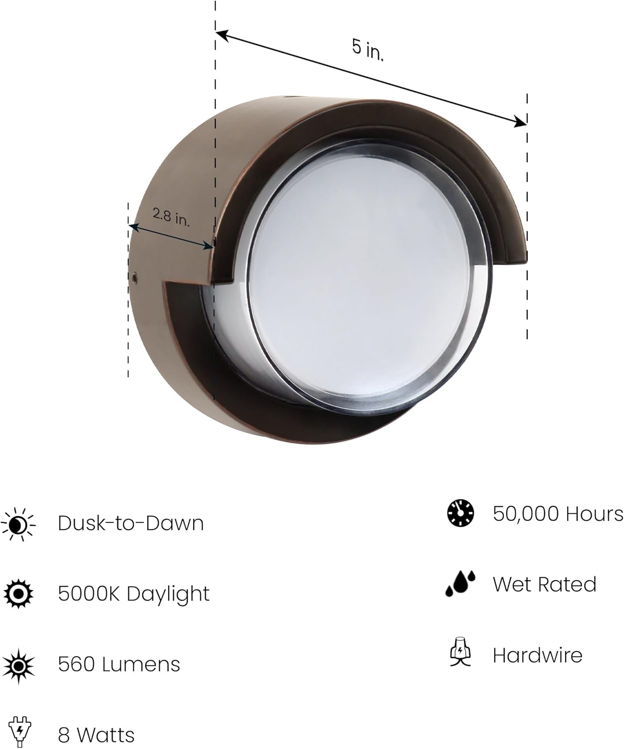 Feit Electric Outdoor LED Wall Sconce, Round Wall Mount Light Fixture, Dusk-to-Dawn, 5000K Daylight, Hardwired, Bronze Finish, Polycarbonate Lens, 50,000-Hour Lifetime, S5RWM/850/DD/BZ