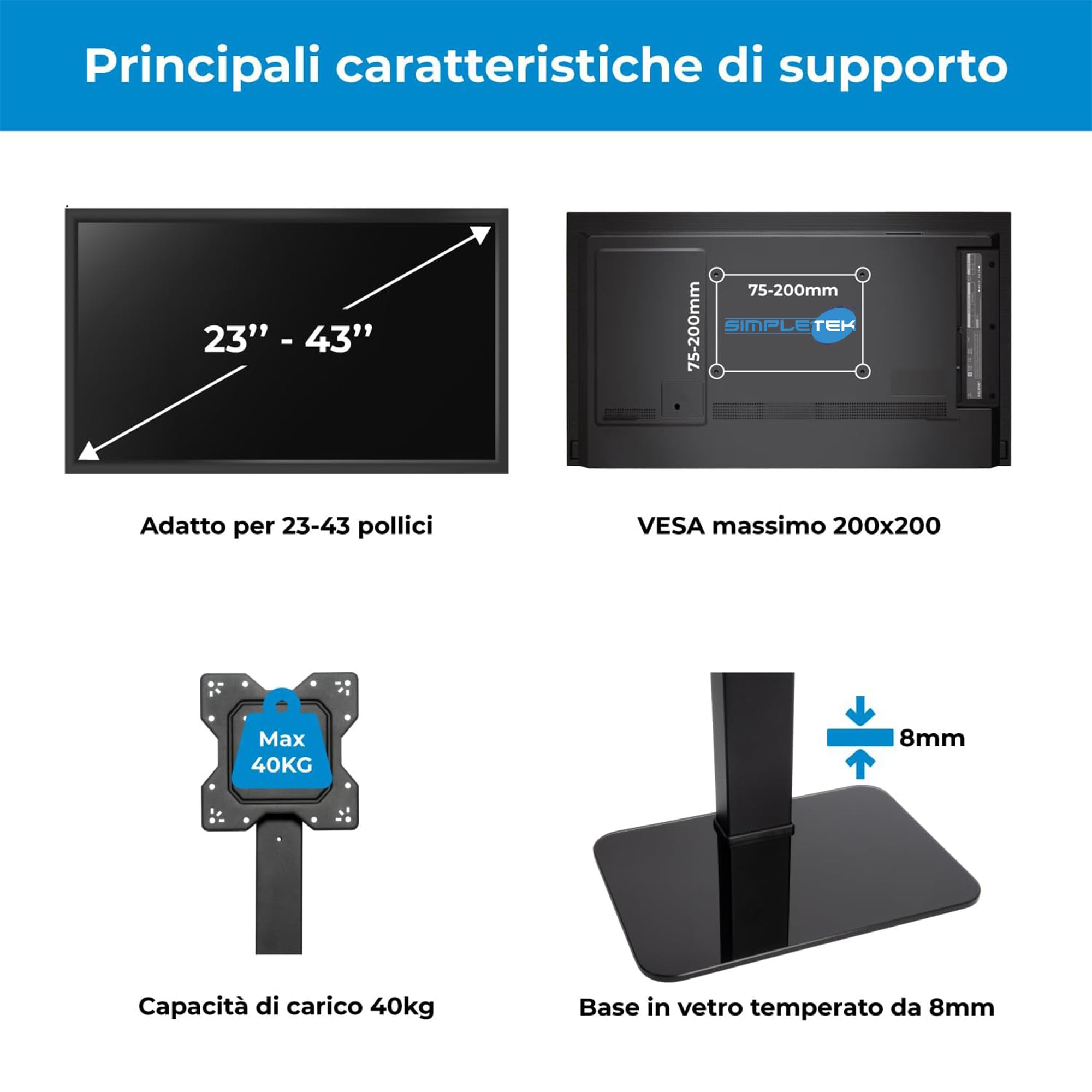 SIMPLETEK - Supporto da Tavolo Universale per Monitor e TV 23"-43" - Base in Vetro Temperato - Max 40kg - VESA 200x200 - Design Slim Nero