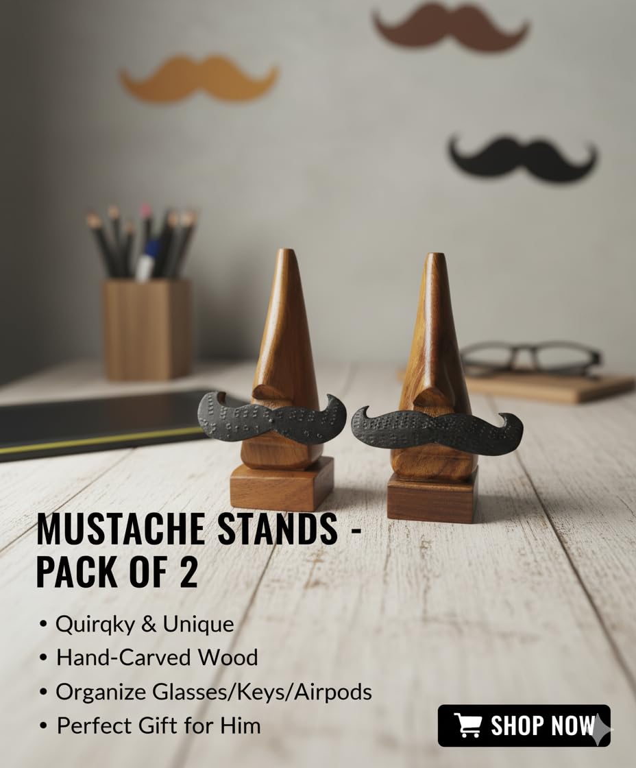 Shri Adishakti Wooden Nose Shaped Eyeglass Holder Stand with Moustache Design, Display Stand for Spectacles and Sunglasses, Set of 2