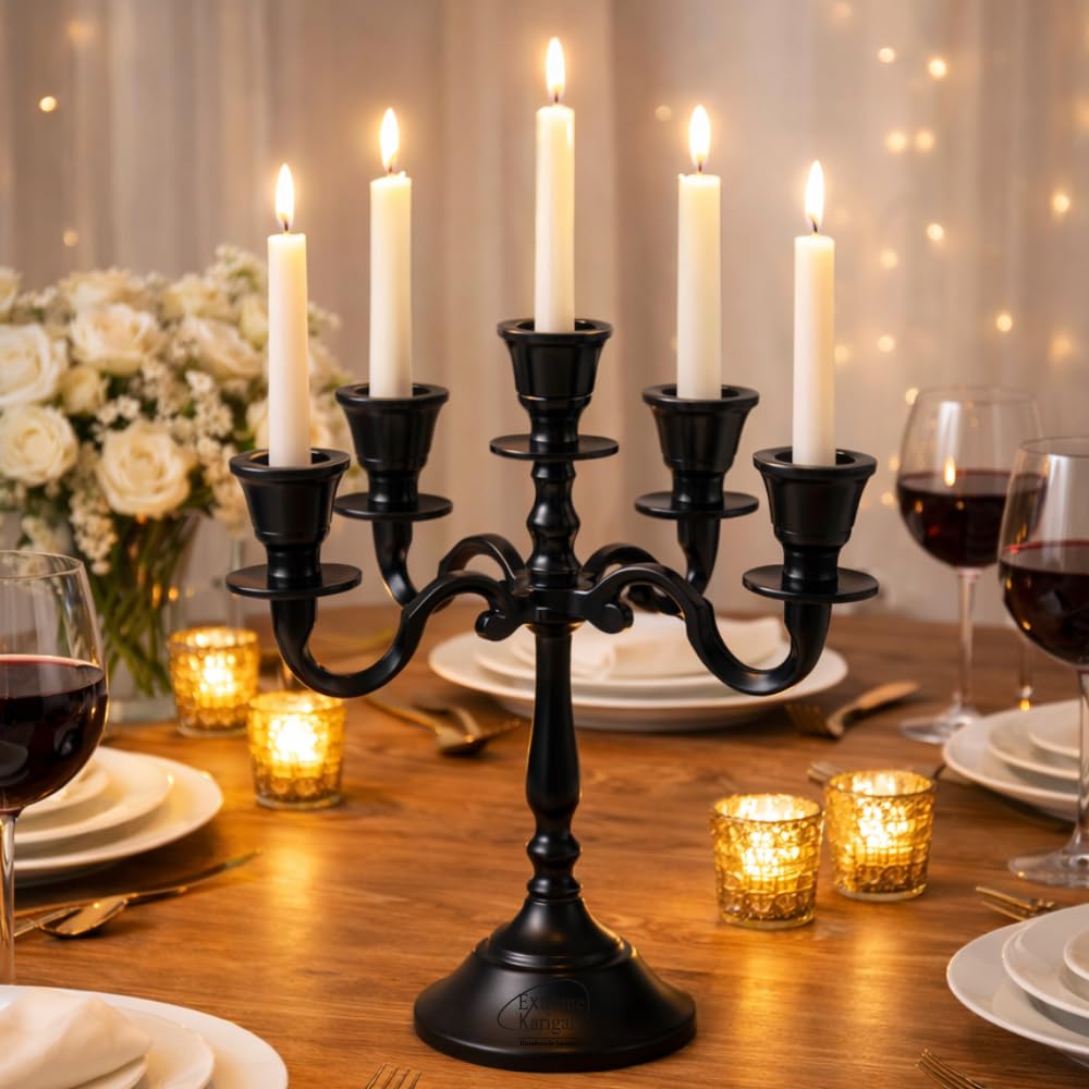 Aluminum 5-Arm 8inch Black Matt Candelabra for Dining Table | Vintage Candle Stand for Romantic Dinner, Home & Wedding Decor-image-47