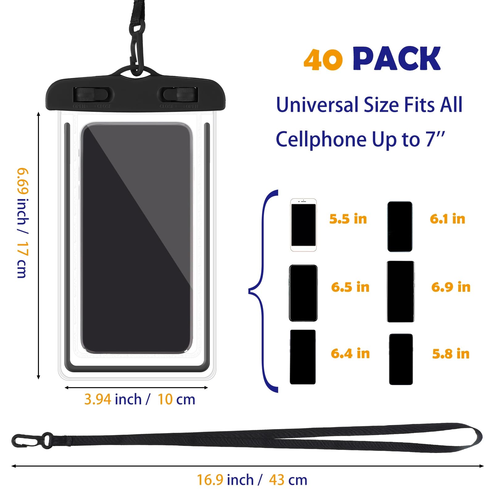 Flutesan Lot de 40 pochettes universelles transparentes étanches pour téléphone, multicolore