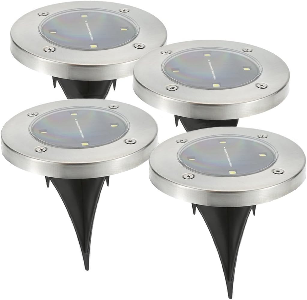 Disk Lights, Solar Ground Light with 4 LEDs, Waterproof IP65 Garden Path Landscape Lighting with Light Sensor, Pack of 4, Warm White