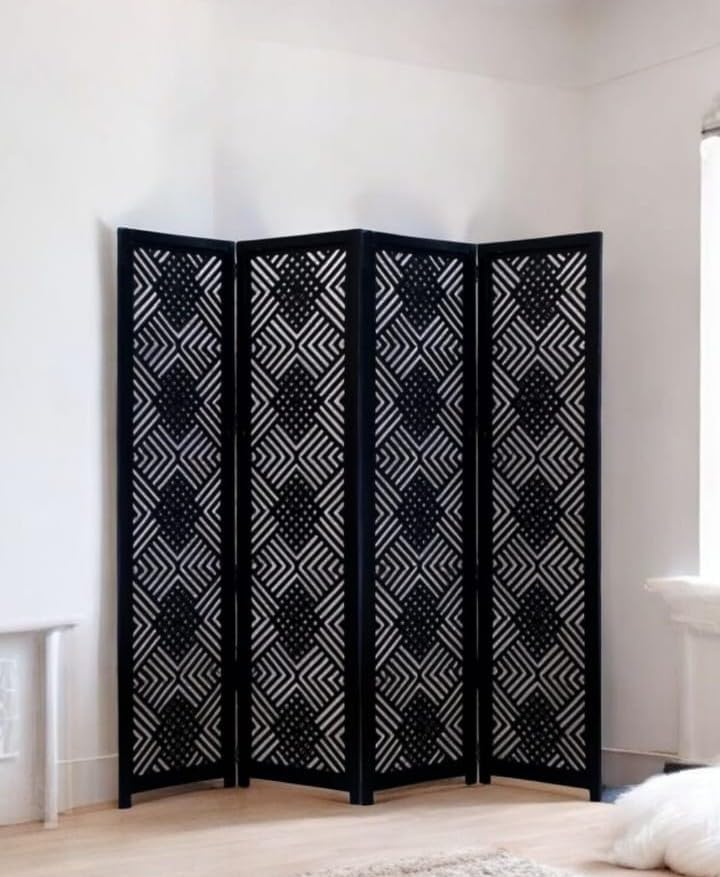Image of Wooden Room Divider 6 Feet, 4-Panel Folding Wooden Partition for Living Room, Office, Pooja Room, Restaurant, Kitchen & Balcony (2W x 1.82H Meters). (Black-Lattice Pattern)