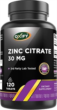 Oxify Zinc Citrate 30 mg | 120 Tablets | Gluten-Free, Non-GMO | Supplement Made in USA