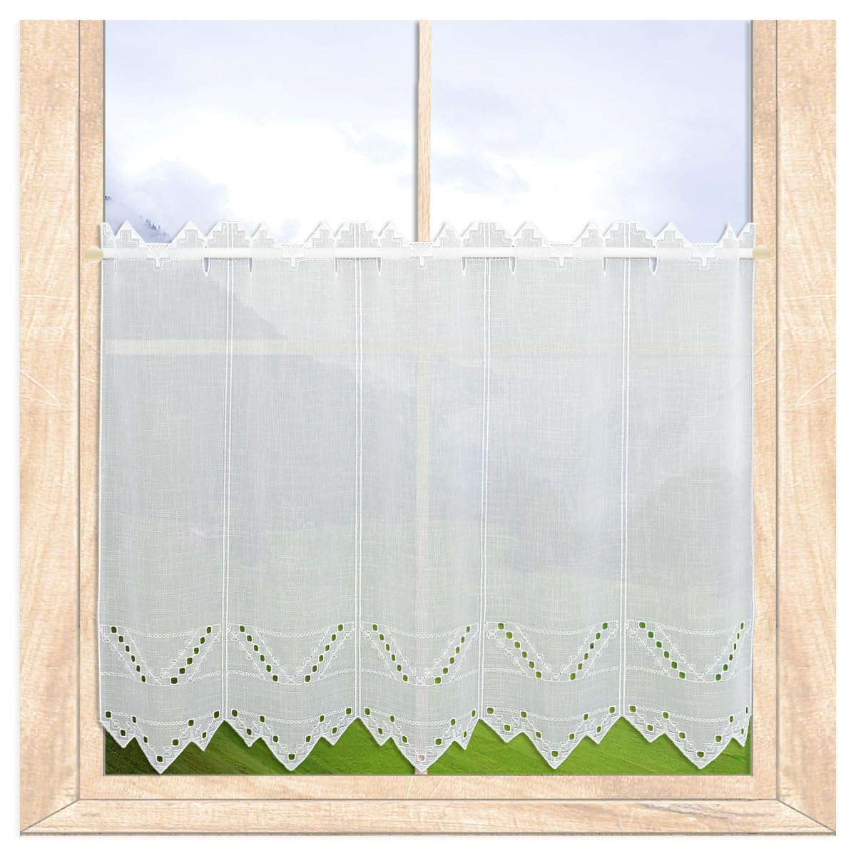Scheibengardine Helena Zeitlose Bohrstickerei Weiß | HxB 55x208 cm