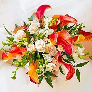 Bunches Direct Sunset Bridal Bouquet | Italian Ruscus Mini Calla Mini Calla Freesia Pearl Pins for Bridal Weddings | 11inch Wide