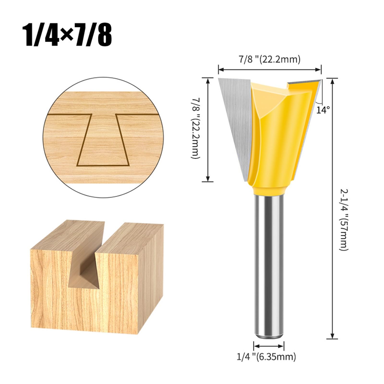 MACHSWON Straight Cut Router Bit Milling Cutter Cutting Dovetail Bit 1/4 Inch Shank,7/8" Cut Diameter Wood Cutting Trimming Cutter Double Flute Straight Grooving Bits for Woodworking Dovetail Bit - Image 2