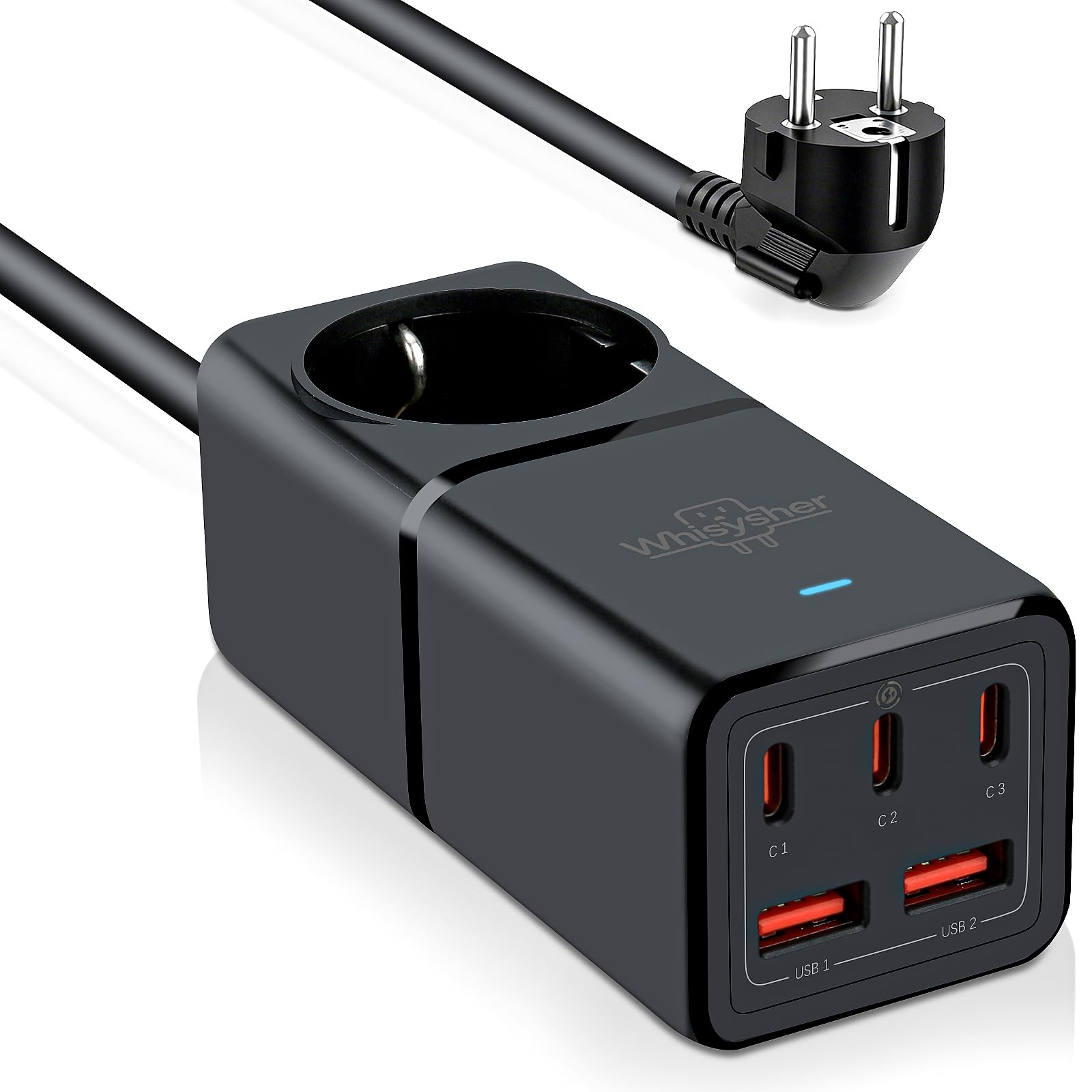 GaN 75W Steckdosenleiste mit USB C, 6-in-1 Mehrfachsteckdose | 1x Schuko + 3x USB-C (PPS) + 2x USB-A, 1,8m Kabel, 4000W, Kompakt, Kindersicher, Steckerleiste für Laptop, Tablet, Smartphone