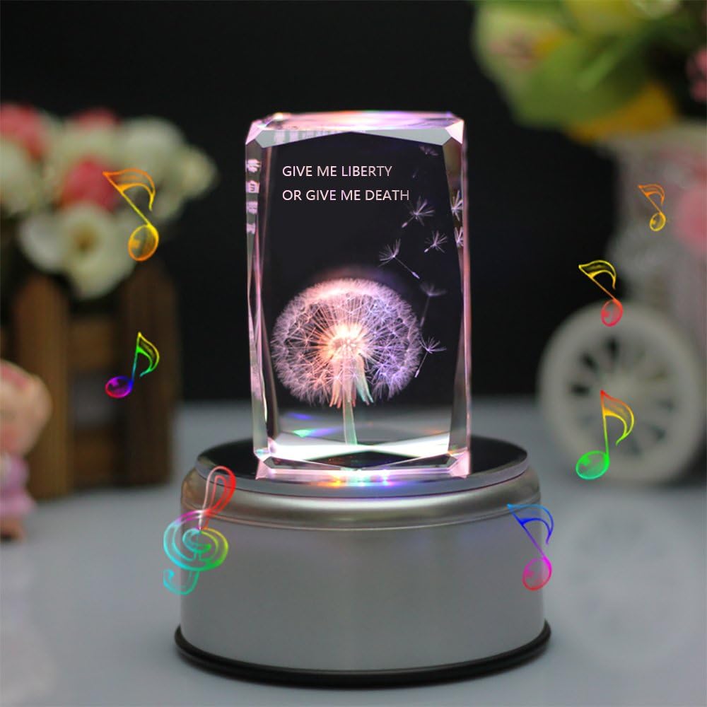 LIWUYOU Personalized Custom Engraving Dandelion Color Changing Crystal 3D Roating Music Box with 2g Memory Card, Bluetooth Base