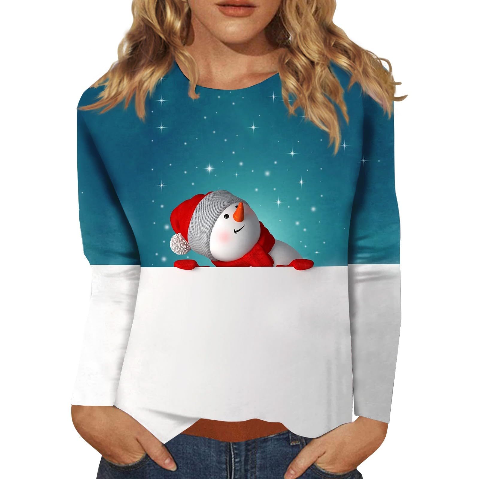 Splrit-MAN Christmas Tops for Women Uk Christmas Tree Snowman Print Ugly Christmas Jumpers Long Sleeved T Shirts Loose Fit Festival Shirts Winter Vacation Tops Outdoor Tops Oversized Sweatshirt