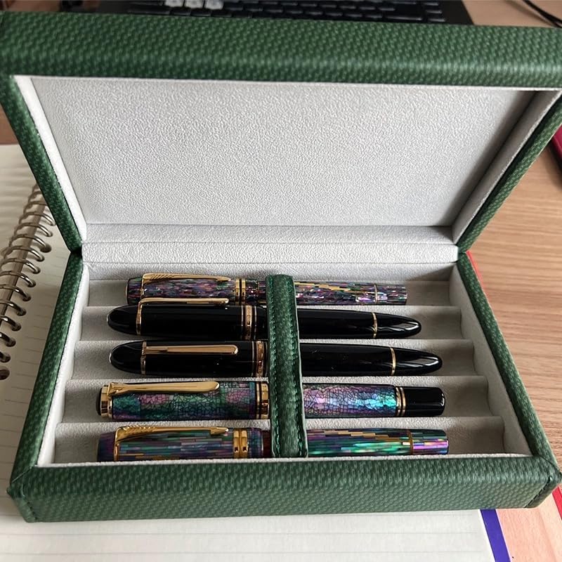 Image of 5Slots Genuine Leather Handmade Pen Case - Double Match Color Pen Organizer & Protective Sleeve Cover - Storage Gift Box