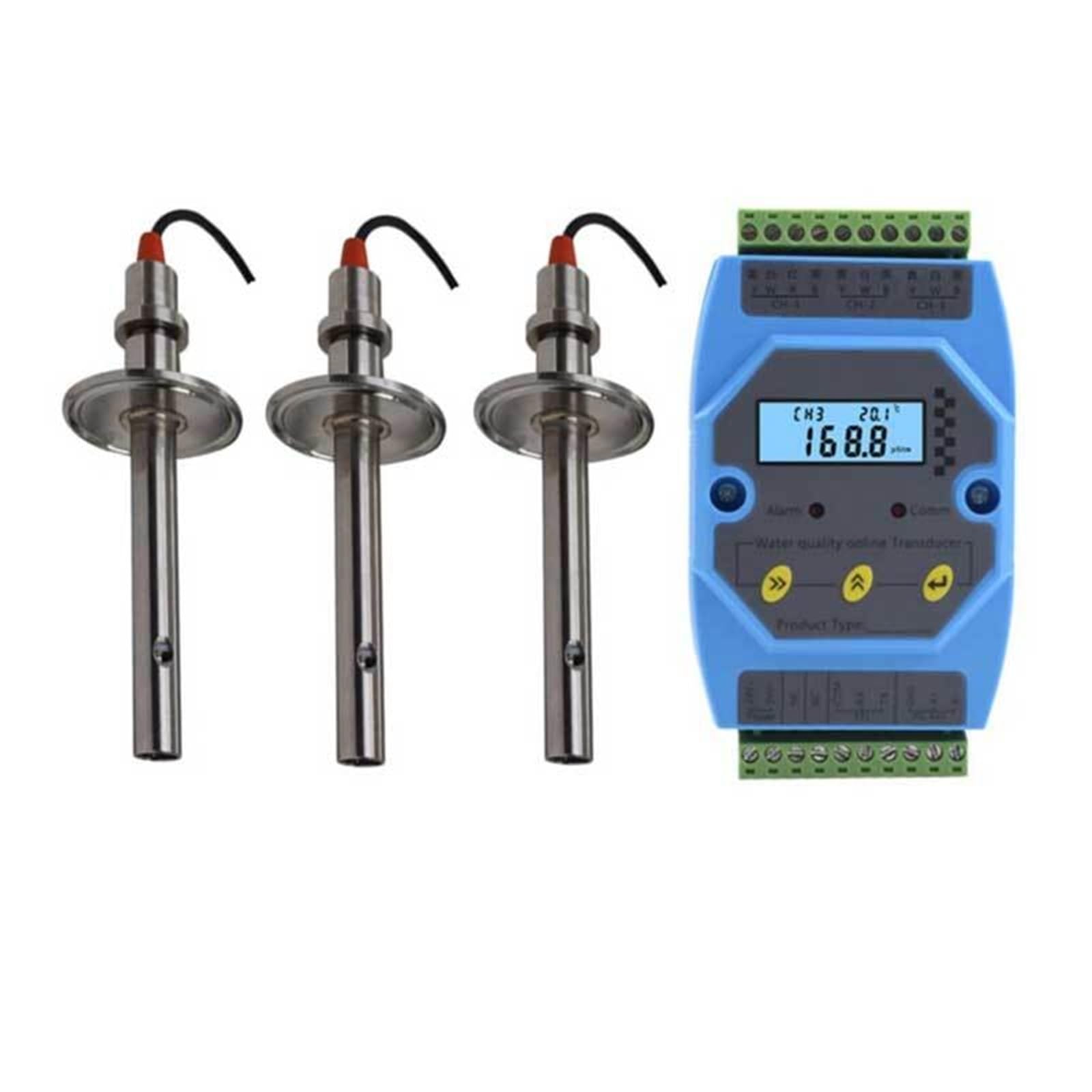 Medidor de conductividad triple, transmisor EC 3 canales con abrazadera electrodo alta temperatura, instalación Rs485 MODBUS, Triple canal Dual Laboratorio de investigación(SET 7)