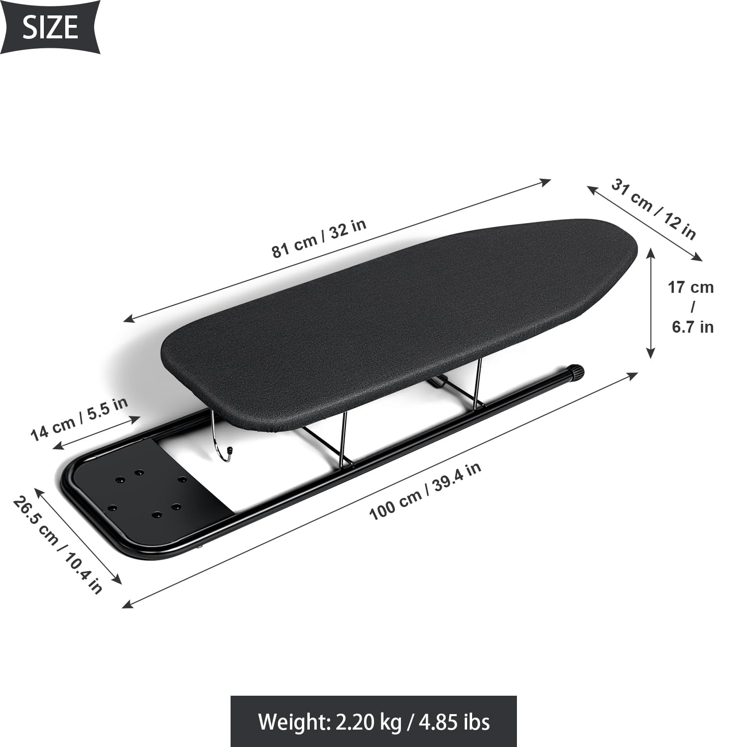 Duwee Asse da Stiro da Tavolo con Vassoio in Ferro, Piccolo Asse da Stiro, Rivestimento Resistente al Calore, Imbottitura in Feltro Extra Spesso, Gambe Pieghevoli, 30 x 81 cm, Nero