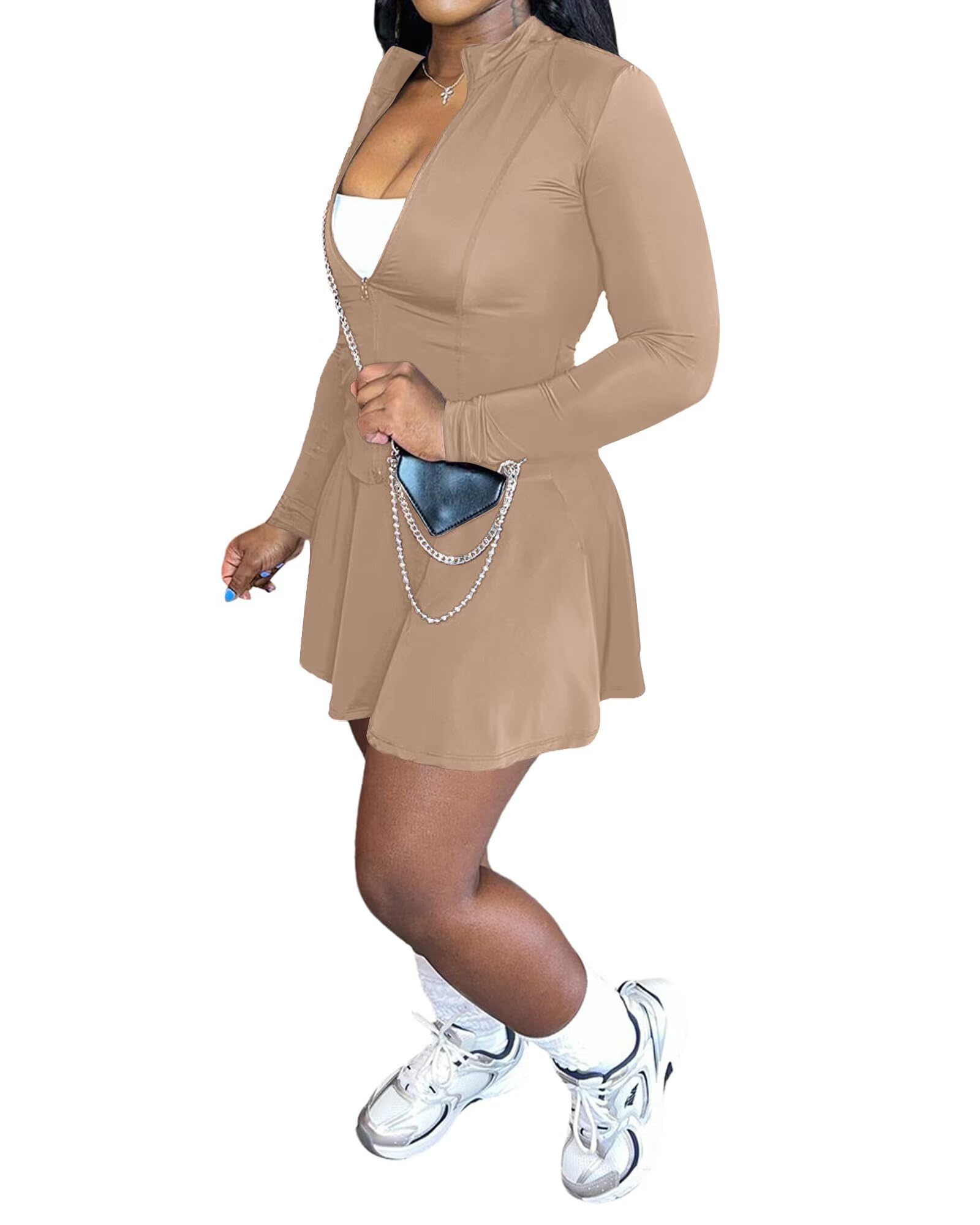 Womens 2 Piece Tennis Golf Dress Long Sleeve Zipper Crop Top High Waisted Pleated Mini Skirt Casual Tracksuit Brown XXL