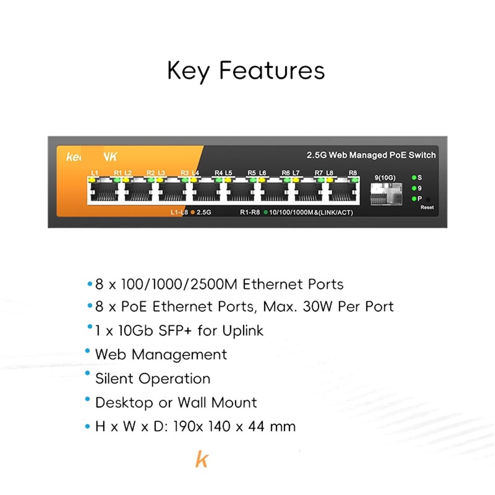 9-portowy przełącznik zarządzalny Multi-Gigabit z 8-2,5 Gb/s PoE i 1-10 GB SFP+ Uplink (przełącznik z wtyczką amerykańską)