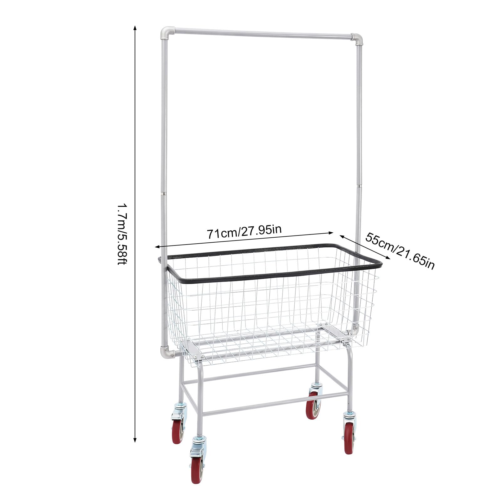Steel Wire Laundry Cart, Commercial Rolling Laundry Basket with 4 Wheels, Heavy Duty Pushcart Basket with Hanging Rack & Removable Cart, Washing Hamper Trolley for Homes, Hotels, Bathrooms