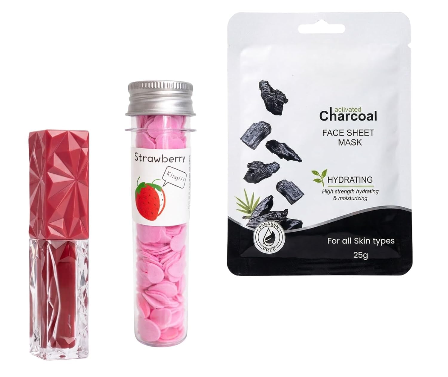 3-Piece Beauty & Hygiene Travel Set – 25g Activated Charcoal Face Sheet Mask, Luxury Diamond-Cut Ruby Liquid Matte Lipstick & Strawberry Scented Portable Paper Soap Sheets – Complete Self-Care Duo-image-23