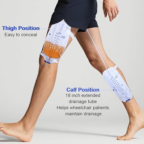 Miniatura 4 de Paquete de 5 bolsas de drenaje de orina para piernas, 33.8 fl oz con válvula antirreflujo, drenaje de tubo de 12 pulgadas y bandas elásticas