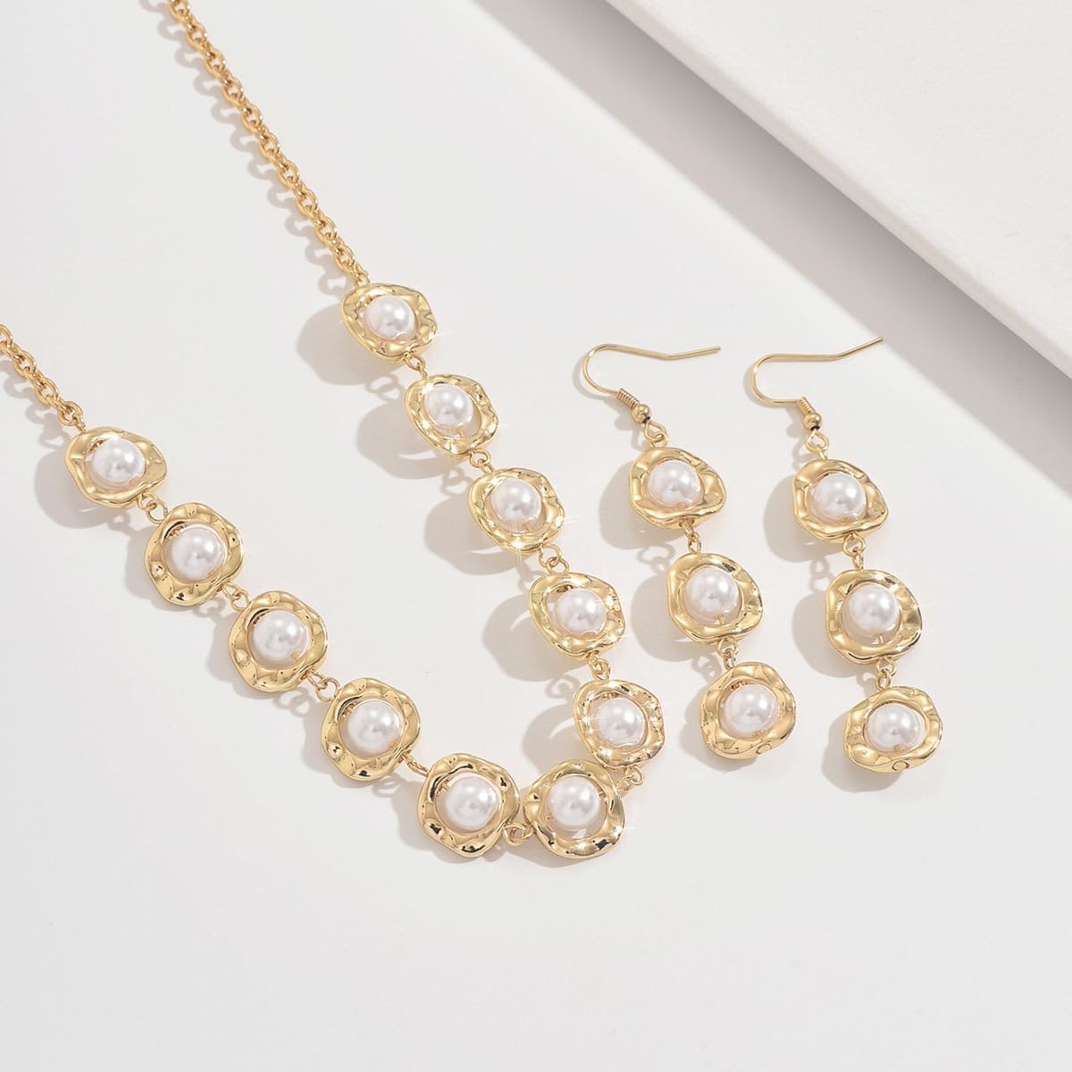 Gold Pearl Pendant Earrings Necklace Set for Women Vintage Adjustable Irregular Geometry Imitation Pearl Choker Necklace Earring Trendy Holiday Wedding Prom Jewelry Set for Women - Image 4