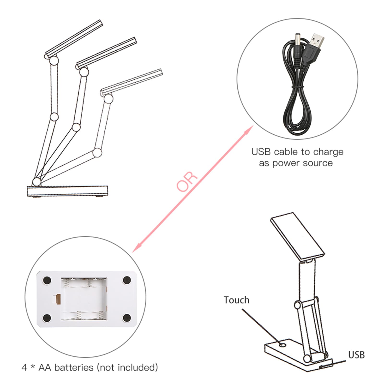 LIXADA Lot de 2 lampes de bureau LED pliables - Lampe de table LED portable - Contrôle tactile - 3 niveaux de luminosité réglables - Alimentée par batterie et USB - Pour voyage, études, maison,